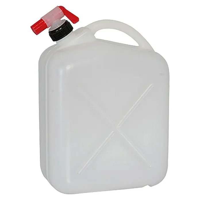 Geli Wasserkanister - 10 l, Mit Hahn - Weißer Kanister mit rotem Ausgießer, ideal für Camping und Outdoor-Aktivitäten.\n