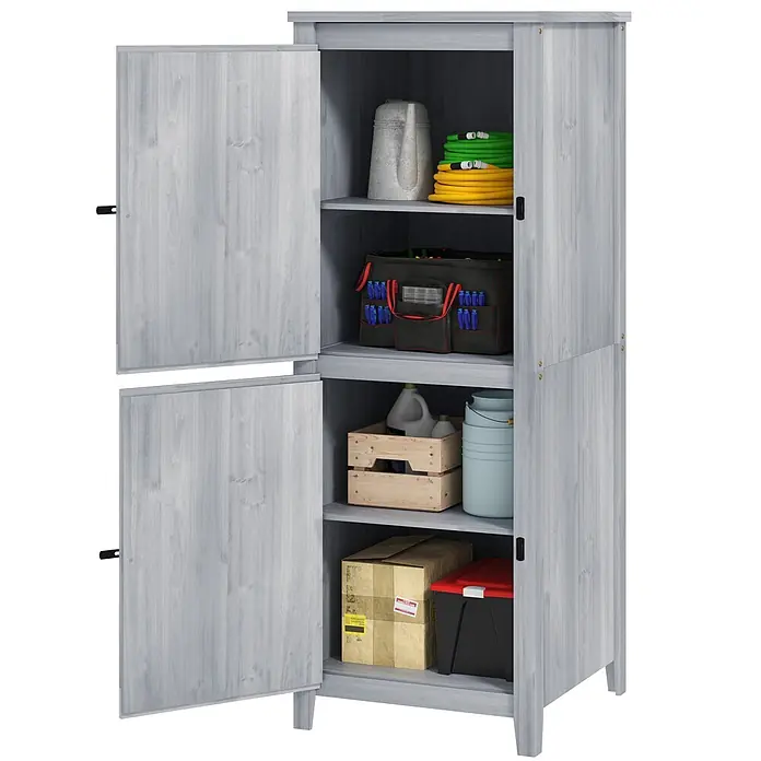 Furnicato Gartenschrank aus Tannenholz, Hellgrau, 60x60x160 cm -  - Hellgrauer Holzschrank mit geöffneten Türen, der Regale voller Werkzeuge und Gartenbedarf zeigt.