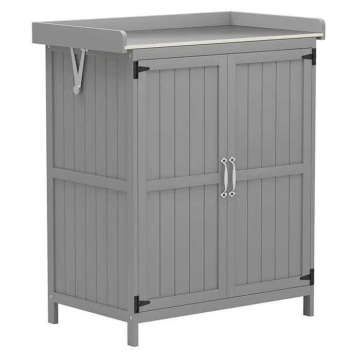 Furnicato Gartenschrank mit Werkbank aus Tannenholz, Grau -  - Grauer Holz-Gartenschrank mit zwei Türen, silbernen Griffen und Ablage oben, auf kurzen Beinen stehend.
