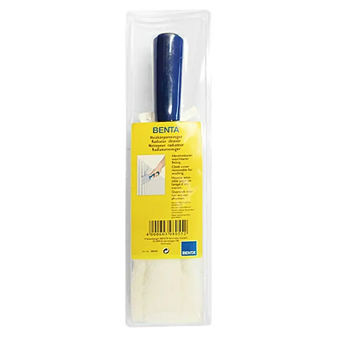 Heizkörper-Reiniger - Kurz, Länge: 35 cm - Abbildung eines Heizkörperreinigers von BENTA mit blauem Griff und waschbarem Bezug in transparenter Verpackung.
