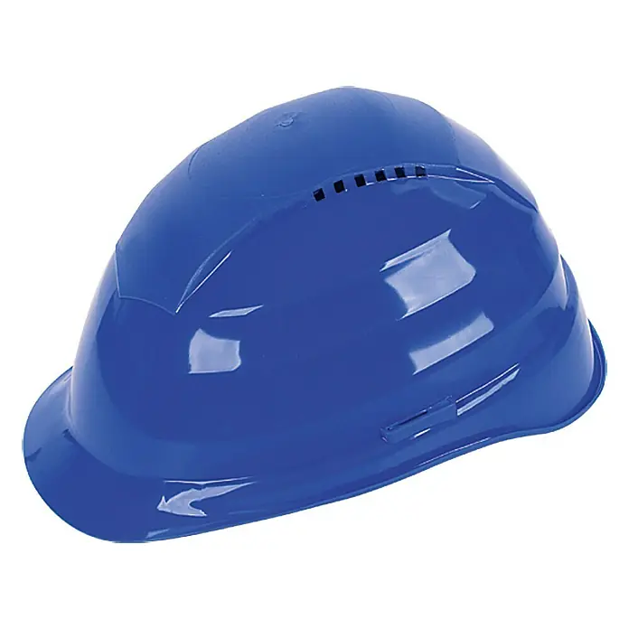 Wisent Schutzhelm - Farbe: Blau - Abbildung eines blauen Schutzhelms, der für Sicherheit am Arbeitsplatz ausgelegt ist und über Belüftungsöffnungen verfügt.