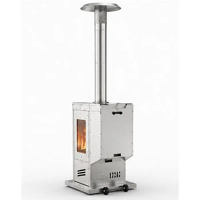 SCHENGER Outdoor Pelletofen HPP25 Edelstahl ohne Stromanschluss -  - Hoher Edelstahl-Terrassenheizer mit sichtbarer Flamme und Rollen.