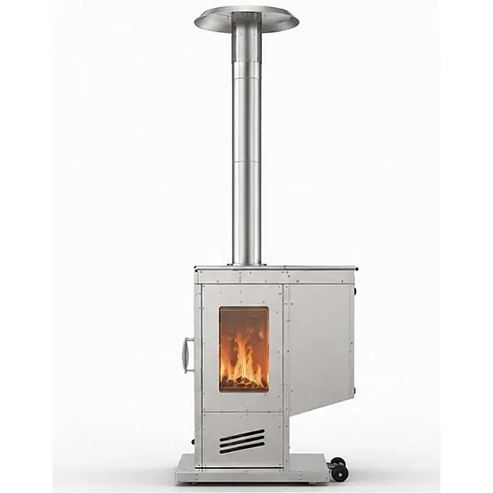 SCHENGER Outdoor Pelletofen HPP25 Edelstahl ohne Stromanschluss -  - Silberner Edelstahl-Holzofen für draußen mit sichtbaren Flammen und hohem Kamin, auf Rollen.