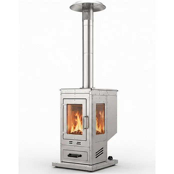 SCHENGER Outdoor Pelletofen HPP25 Edelstahl ohne Stromanschluss -  - Moderner freistehender Edelstahl-Terrassenofen mit Glasfenstern und sichtbaren Flammen, hohem Schornstein.