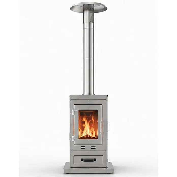 SCHENGER Outdoor Pelletofen HPP25 Edelstahl ohne Stromanschluss -  - Edelstahl tragbarer Outdoor-Holzofen mit Glastür, die Flammen zeigt, und hohem Schornstein.