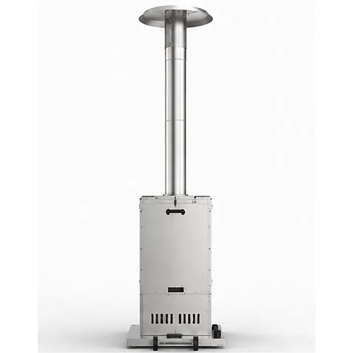 SCHENGER Outdoor Pelletofen HPP25 Edelstahl ohne Stromanschluss -  - Silberner Outdoor-Heizstrahler mit hoher zylindrischer Säule und rechteckigem Sockel mit Rädern.