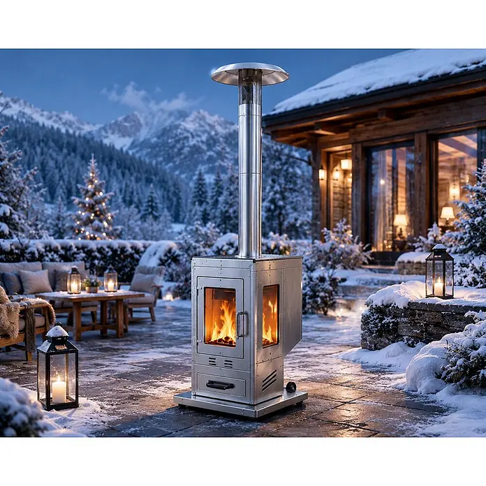 SCHENGER Outdoor Pelletofen HPP25 Edelstahl ohne Stromanschluss -  - Silberner Outdoor-Terrassenheizer mit sichtbarer Flamme, wärmt eine verschneite Winterterrasse mit festlicher Beleuchtung.