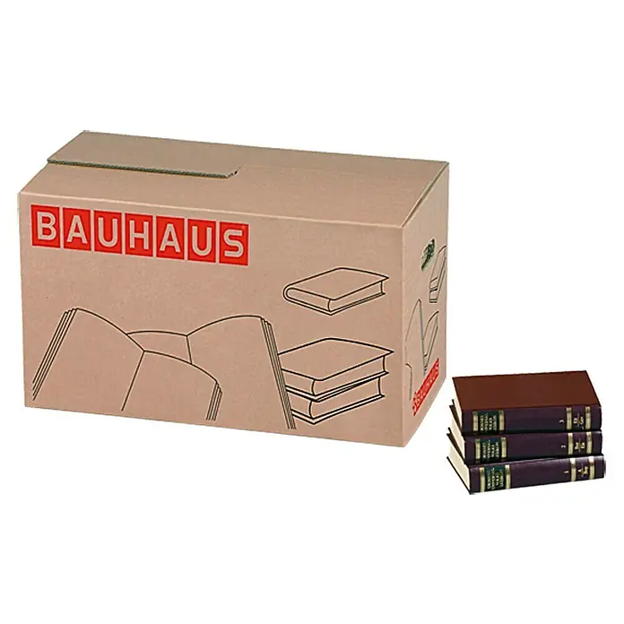 BAUHAUS Umzugskarton - Traglast: 40 kg, 58 x 33 x 33,5 cm - Ein voller Bücherkarton mit der Aufschrift "Bauhaus" und daneben ein Stapel von drei gebundenen Büchern.