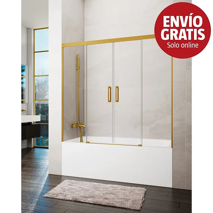 GME Mampara para bañera Basic Spazio - An x Al: 160 x 150 cm, Vidrio transparente, Oro - Mampara de ducha de cristal transparente con marco dorado sobre una bañera blanca.