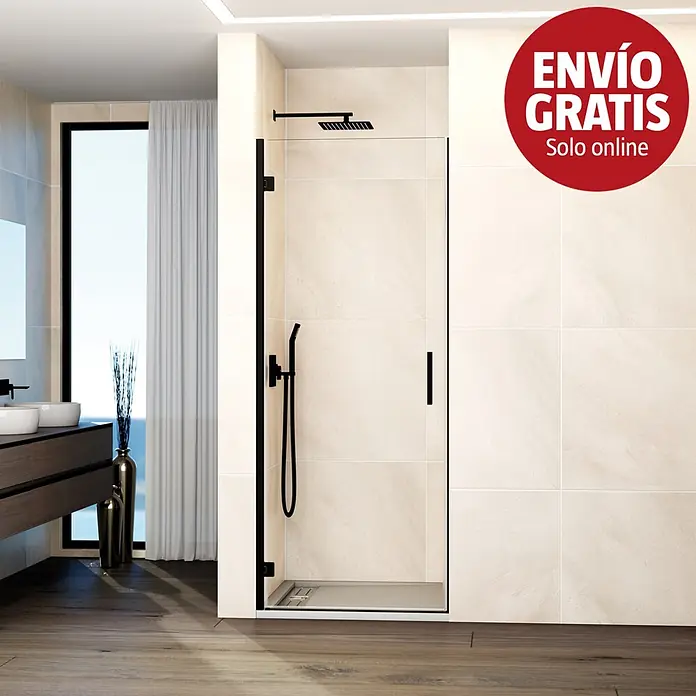 GME Mampara de ducha frontal Glass A - 65 x 195 cm, Espesor de vidrio: 6 mm, Negro - Mampara de ducha de cristal con marco negro y sistema de ducha negro en un baño moderno con azulejos.