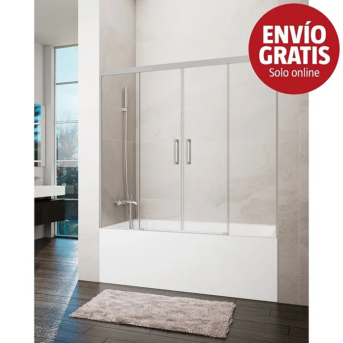 GME Mampara para bañera Basic Spazio - An x Al: 170 x 150 cm, Vidrio transparente, Níquel - Bañera blanca con mampara de ducha de cristal de cuatro paneles y perfil plateado en un baño moderno.