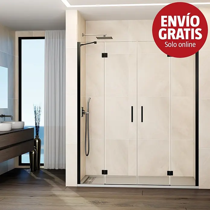 GME Mampara de ducha frontal Glass - 205 x 195 cm, Titanio, An x Al: 205 cm (40+65+65+40), 195 cm - Mampara de ducha con marco negro y puertas de cristal transparente en baño moderno.