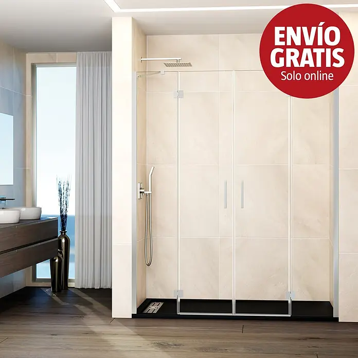 GME Mampara de ducha frontal Glass - 255 x 195 cm, Nickel, An x Al: 255 cm (50+80+80+50), 195 cm - Moderna ducha walk-in con mampara de cristal transparente, plato de ducha negro y sistema de ducha cromado en baño.