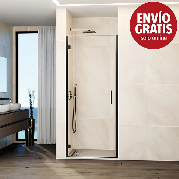 GME Mampara de ducha frontal Glass B - 80 x 195 cm, Espesor de vidrio: 6 mm, Titanio - Mampara de ducha de cristal con marco negro y puerta batiente en un baño moderno con ducha negra.