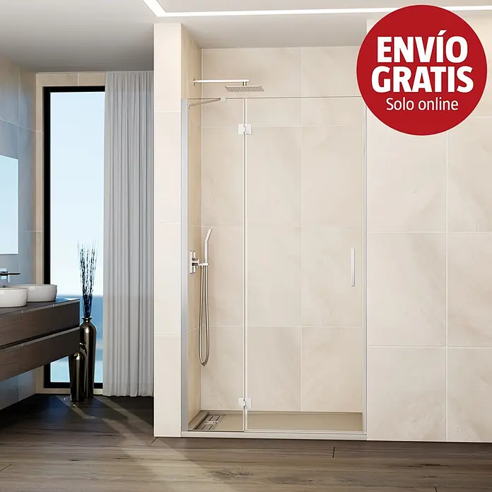 GME Mampara de ducha frontal Glass C - 120 x 195 cm, Cromo, An x Al: 120 (50/70) x 195 cm - Mampara de ducha de cristal moderna con accesorios cromados en un baño luminoso. Cuenta con una ducha de lluvia cuadrada y una ducha de mano.