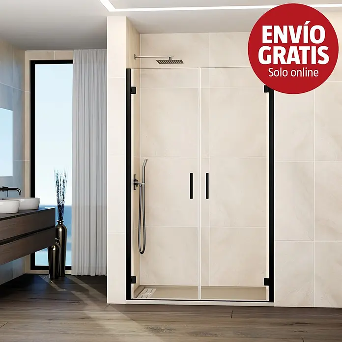 GME Mampara de ducha frontal Glass - 91,7 x 195 cm, Espesor de vidrio: 6 mm, Titanio - Mampara de ducha de cristal con marco negro en baño moderno.
