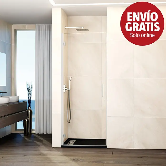GME Mampara de ducha frontal Glass A - 80 x 195 cm, Espesor de vidrio: 6 mm, Nickel - Mampara de ducha moderna con cristal transparente, accesorios cromados y plato de ducha negro en un baño contemporáneo.