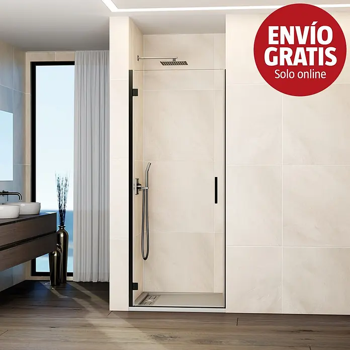 GME Mampara de ducha frontal Glass A - 80 x 195 cm, Espesor de vidrio: 6 mm, Titanio - Mampara de ducha de cristal con marco negro en baño moderno.