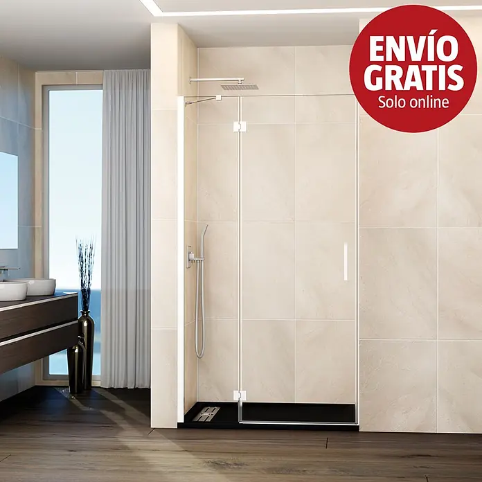 GME Mampara de ducha frontal Glass C - 95 x 195 cm, Blanco, An x Al: 95 (25/70) x 195 cm - Mampara de ducha de cristal transparente con plato negro y accesorios cromados en un baño moderno.