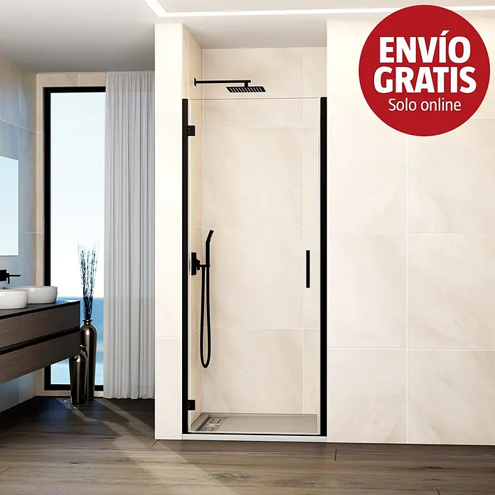 GME Mampara de ducha frontal Glass B - 80 x 195 cm, Espesor de vidrio: 6 mm, Negro - Mampara de ducha de cristal transparente con marco negro y grifería negra, instalada en un baño moderno.
