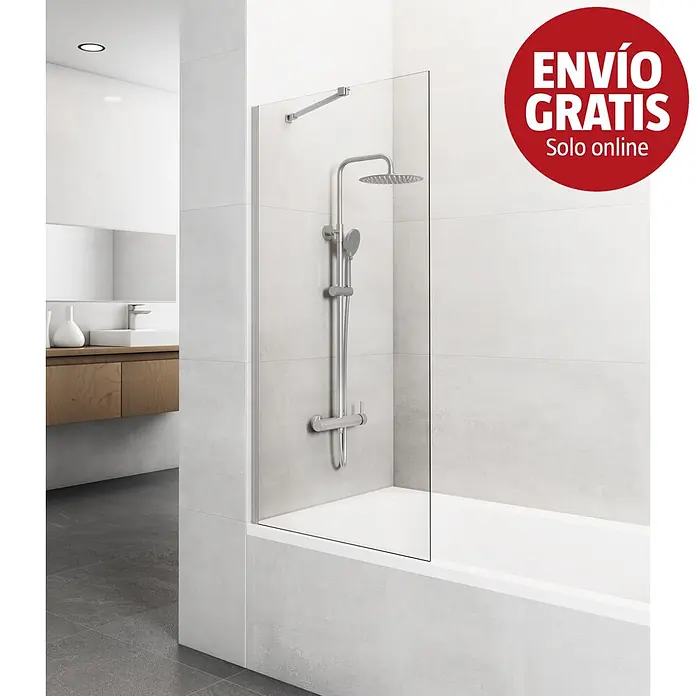 GME Mampara para bañera Screen - An x Al: 85 x 150 cm, Vidrio transparente, Nickel - Mampara de ducha de cristal transparente sobre una bañera blanca, con grifería de ducha cromada en un baño moderno.