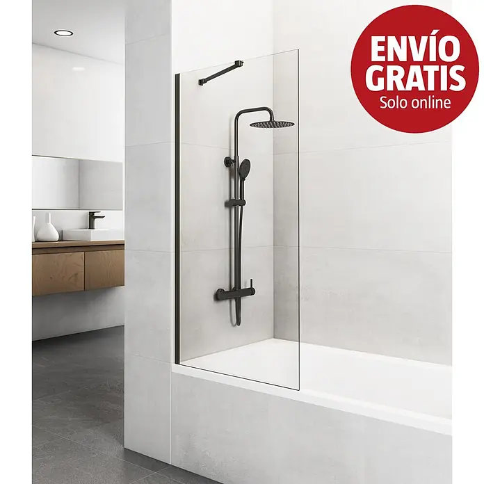 GME Mampara para bañera Screen - An x Al: 85 x 150 cm, Vidrio transparente, Titanio - Sistema de ducha negro con mampara de cristal sobre bañera blanca en baño moderno.