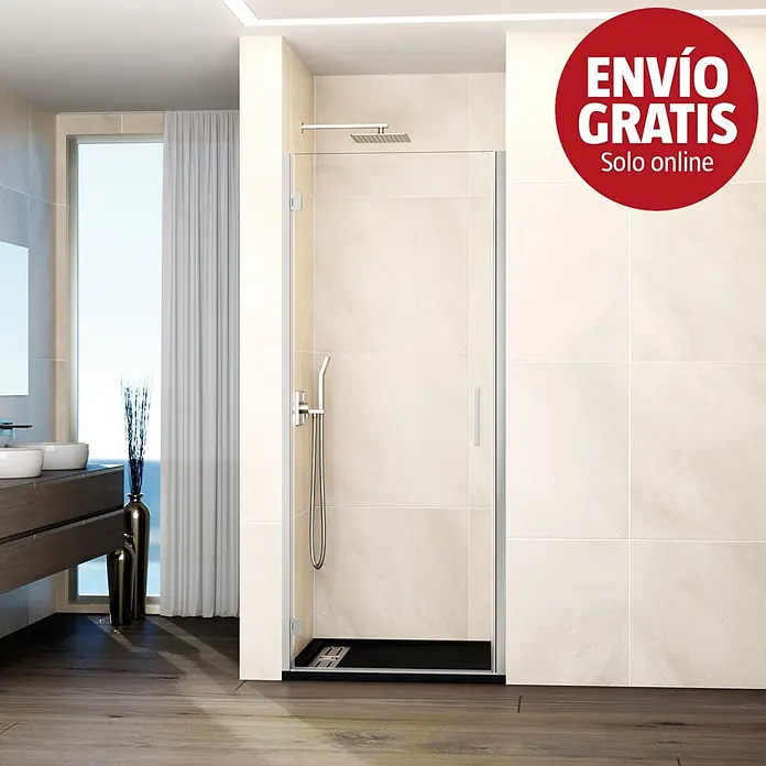 GME Mampara de ducha frontal Glass B - 80 x 195 cm, Espesor de vidrio: 6 mm, Nickel - Mampara de ducha moderna con puerta de cristal transparente y plato de ducha negro en un baño contemporáneo.