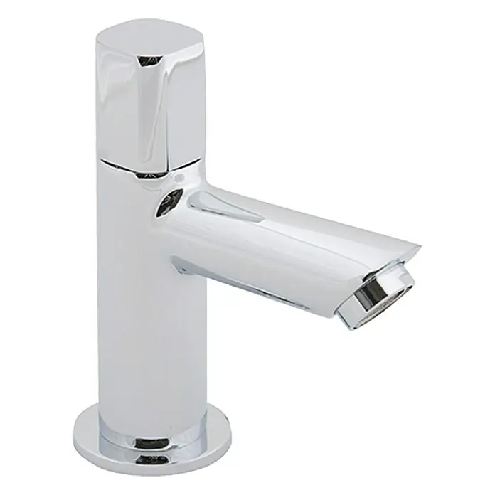 Camargue Kaltwasser-Standventil Bali/Milan - Chrom, Glänzend - Nahaufnahme einer modernen, verchromten Waschtischarmatur mit einem schlanken, minimalistischen Design für Badezimmer und Gäste-WCs.