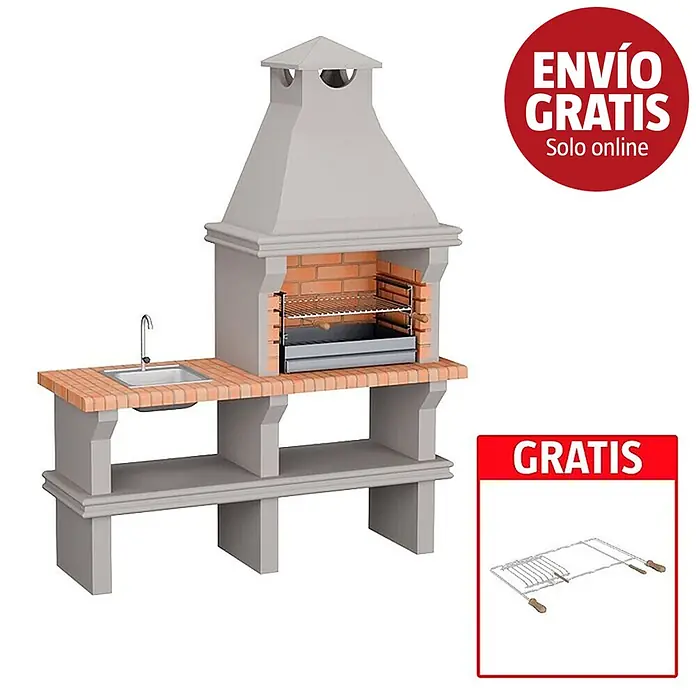 Sotnas Barbacoa de obra Ibiza - Gris/Ladrillo, An x Pr x Al: 168 x 60 x 219 cm, Superficie parrilla: 60 x 38 cm, Con fregadero - Barbacoa de hormigón gris y ladrillo con chimenea, fregadero integrado y estante inferior. Incluye una parrilla gratis.