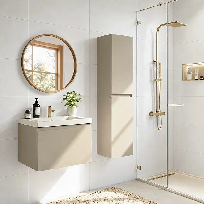 LOMAZOO Badmöbel-Set Sorrento 60 cm Greige, Waschbecken Weiß -  - Modernes Bad mit beigefarbenem schwebendem Waschtisch, passendem Hochschrank, rundem Holzspiegel und goldener Dusche.