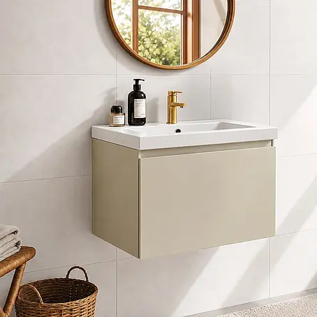 LOMAZOO Badmöbel Modena 60 cm Greige, Waschbecken Weiß