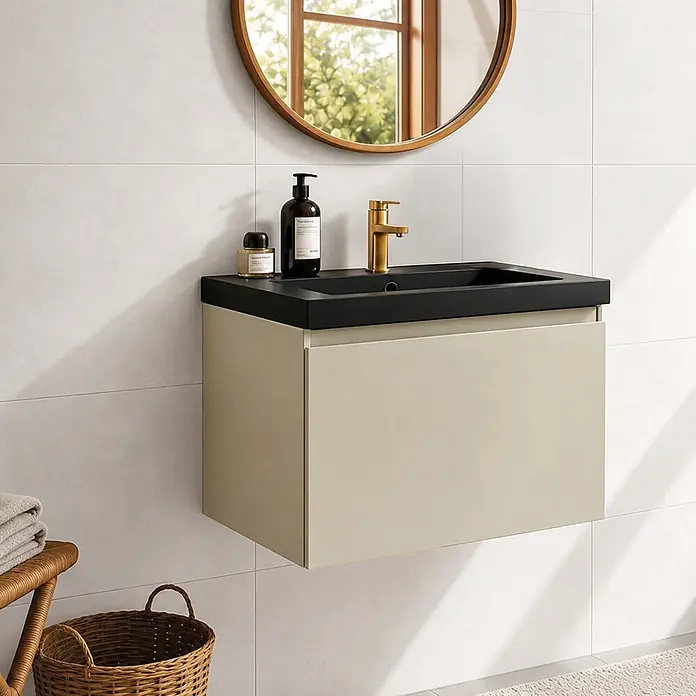 LOMAZOO Badmöbel Modena 60 cm Greige, Waschbecken Schwarz -  - Wandhängender Badezimmerschrank mit beigem Unterschrank, schwarzem Waschbecken und goldenem Wasserhahn für ein modernes Bad.
