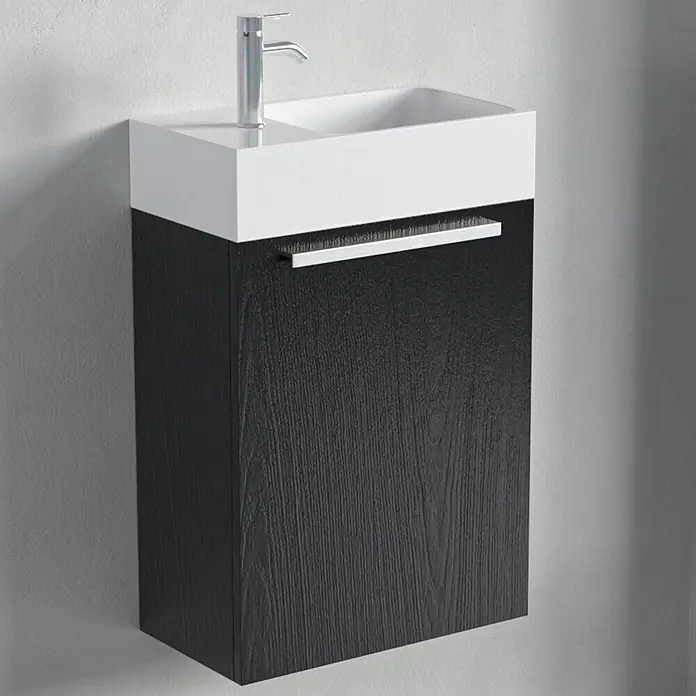 LOMAZOO WC-Möbel Bombay 40 x 22 x 60 cm Eiche schwarz, Waschbecken Weiß -  - Wandmontierter Waschtisch mit weißem Waschbecken und Armatur über einem dunkel gemaserten Holzschrank mit integrierter Chrom-Handtuchstange.