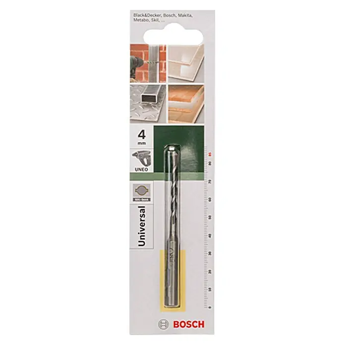 Bosch Universalbohrer - Durchmesser Bohrer: 4 mm, 40 mm - Nahaufnahme eines Bosch Universalbohrers mit 4 mm Durchmesser, verpackt und bereit für verschiedene Bohrarbeiten.