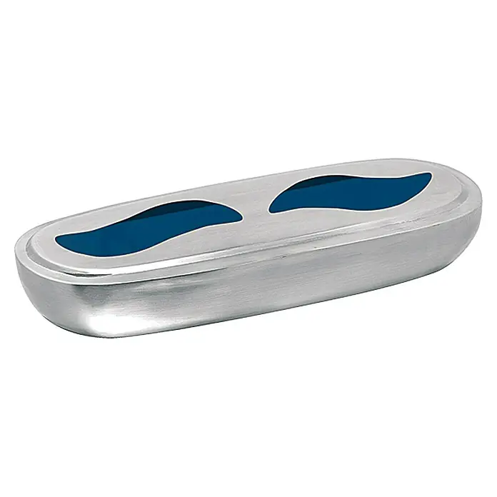 Aufstellverdunster - Edelstahl, Gebogen - Elegante silberne Seifenschale mit blauen Akzenten. Diese Seifenschale vereint modernes Design mit praktischer Funktionalität im Badezimmer.
