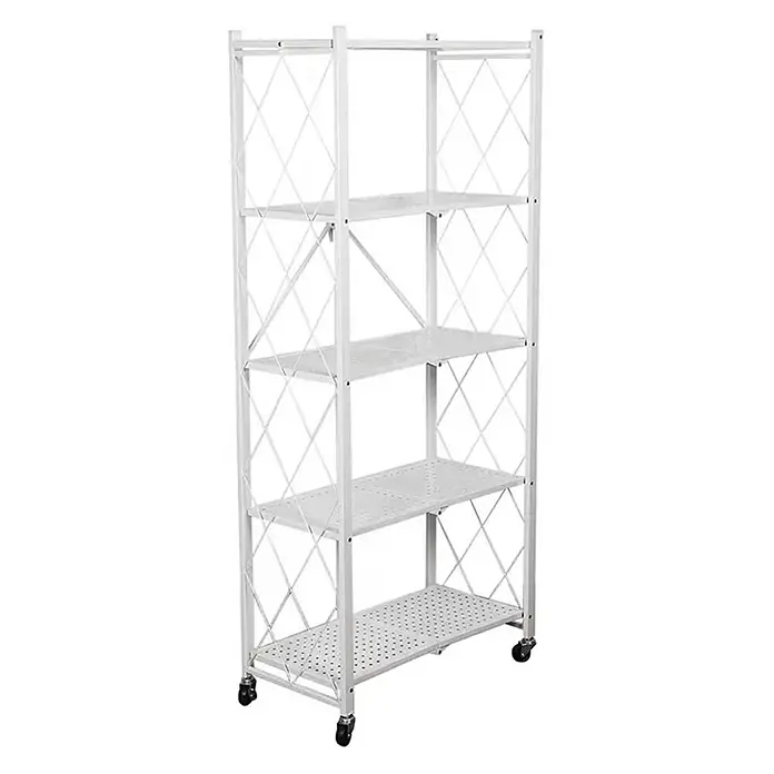 KLAP klappbares Regal auf Rollen 5 Fachböden 250kg 167x72x34cm Weiß -  - Weißes 5-stöckiges Metallregal auf Rollen mit gelochten Böden.