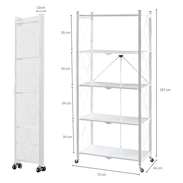 KLAP klappbares Regal auf Rollen 5 Fachböden 250kg 167x72x34cm Weiß -  - Weißes, faltbares 5-stöckiges Metallregal auf Rollen, ausgeklappt und flach zusammengeklappt.