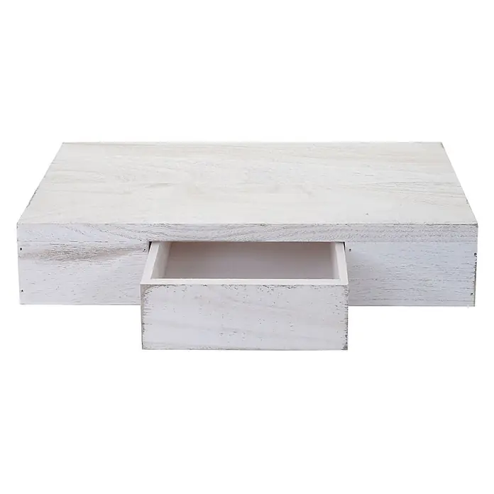 Wandregal Ilse 8x40x25cm Regal Hängeregal mit Schublade 40cm Weiß shabby -  - Weißes Holzregal im Used-Look mit teilweise geöffneter Schublade.