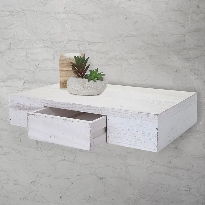 Wandregal Ilse 8x40x25cm Regal Hängeregal mit Schublade 40cm Weiß shabby -  - Weißes, im Used-Look gehaltenes schwebendes Regal mit offener Schublade, verziert mit einer kleinen Sukkulente und Holzdekor.