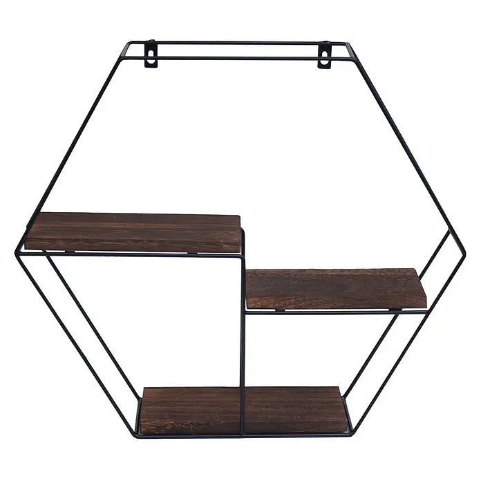 Wandregal 43x49x11cm 3 Regalböden Metall Massiv-Holz Industrial Dunkelbrau -  - Sechseckiges Wandregal mit schwarzem Metallrahmen und drei dunkelbraunen Holzablagen, zur Wandmontage geeignet.