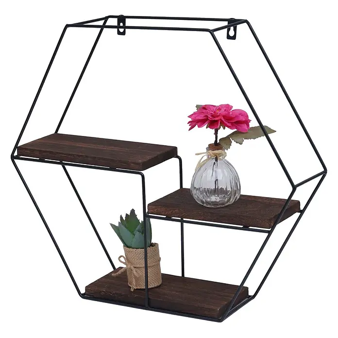 Wandregal 43x49x11cm 3 Regalböden Metall Massiv-Holz Industrial Dunkelbrau -  - Sechseckiges schwarzes Metall-Wandregal mit drei dunklen Holzablagen, dekoriert mit einer Blume und Pflanze.
