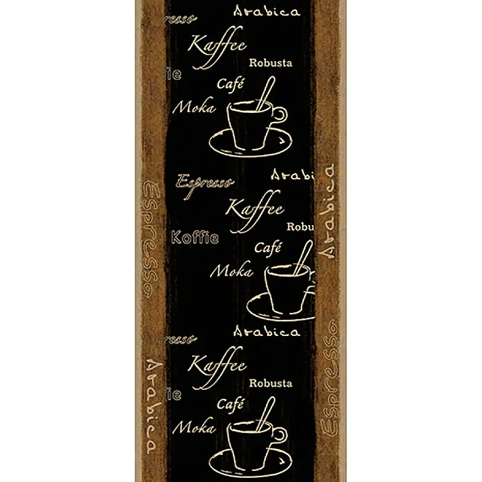 A.S. Création Designpanel pop.up - Espresso Arabica, Schwarz/Braun, 35 cm x 2,5 m - Dieses Bild zeigt ein Kaffeemotiv mit verschiedenen Kaffeesorten und Bezeichnungen wie Espresso, Arabica und Kaffee.
