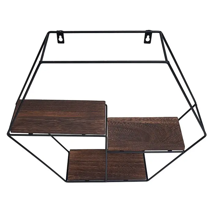 Wandregal 43x49x11cm 3 Regalböden Metall Massiv-Holz Industrial Dunkelbrau -  - Schwarzes hexagonales Metall-Wandregal mit drei dunkelbraunen Holzablagen.