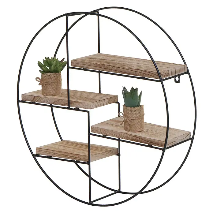 Wandregal rund 45x45x11cm 4 Regalböden Metall Massiv-Holz Natur -  - Runder Wandregal mit schwarzem Metallrahmen und vier hellen Holzregalböden.