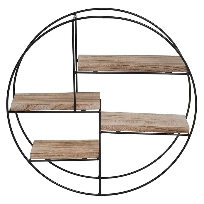 Wandregal rund 45x45x11cm 4 Regalböden Metall Massiv-Holz Natur -  - Rundes Wandregal aus schwarzem Metall mit vier hellen Holzablagen.