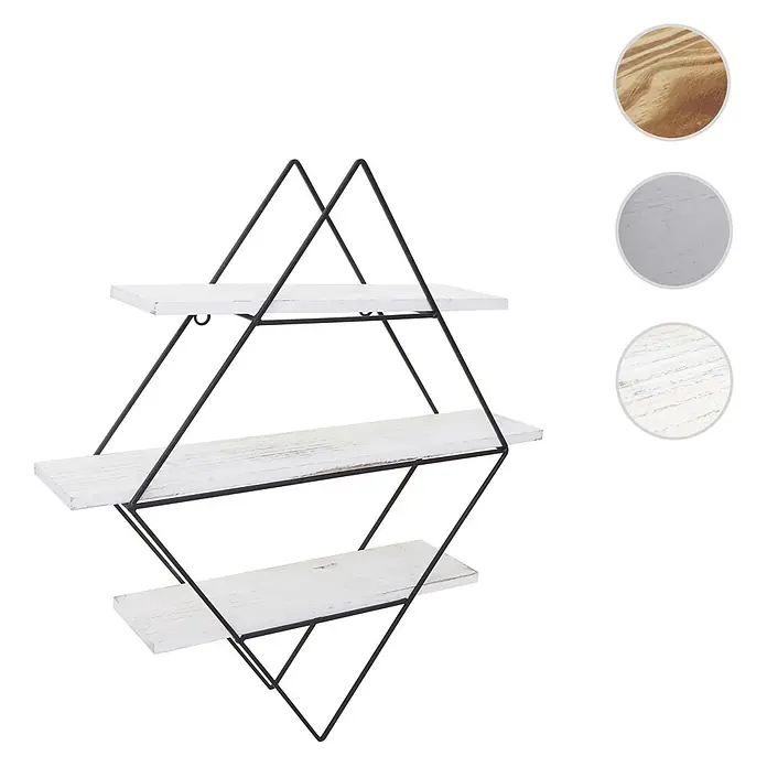 Wandregal rautenförmig 60x55x12cm Echtholz shabby Weiß Hängeregal Regal -  - Geometrisches Wandregal mit schwarzem Metallrahmen und drei weißen Holzablagen, verschiedene Holzfinish-Optionen werden gezeigt.