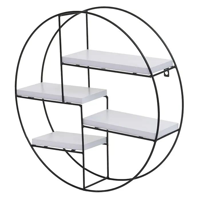 Wandregal rund 45x45x11cm 4 Regalböden Metall Massiv-Holz Weiß -  - Rundes Wandregal mit schwarzem Metallrahmen und vier versetzten weißen Ablagen.