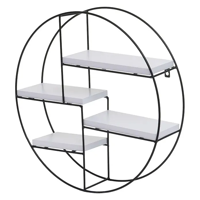 Wandregal rund 45x45x11cm 4 Regalböden Metall Massiv-Holz Weiß -  - Schwarzes Metall-Rundregal mit vier weißen Holzablagen.