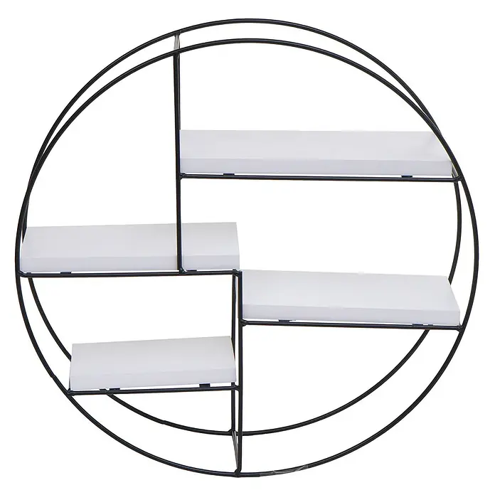 Wandregal rund 45x45x11cm 4 Regalböden Metall Massiv-Holz Weiß -  - Rundes Wandregal mit schwarzem Metallrahmen und vier weißen Holzregalen.