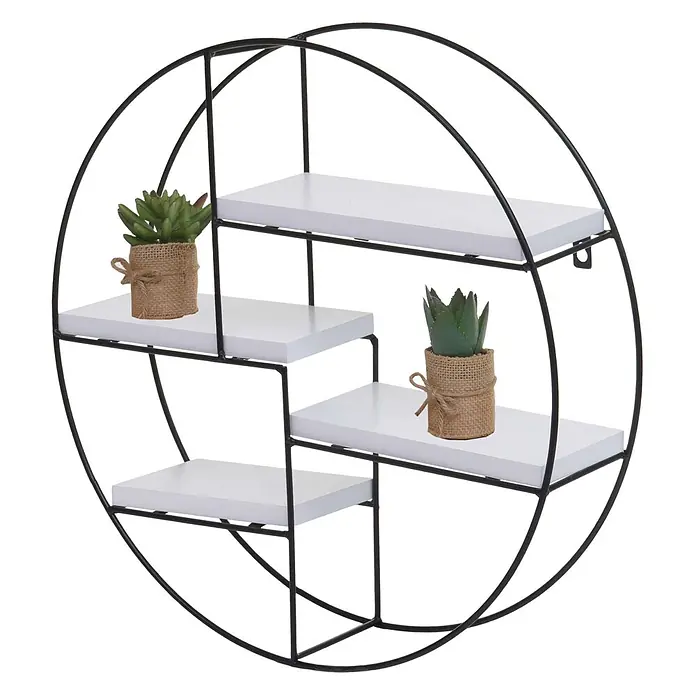 Wandregal rund 45x45x11cm 4 Regalböden Metall Massiv-Holz Weiß -  - Rundes Wandregal aus schwarzem Metall mit vier weißen Holzablagen, dekoriert mit zwei künstlichen Sukkulenten.